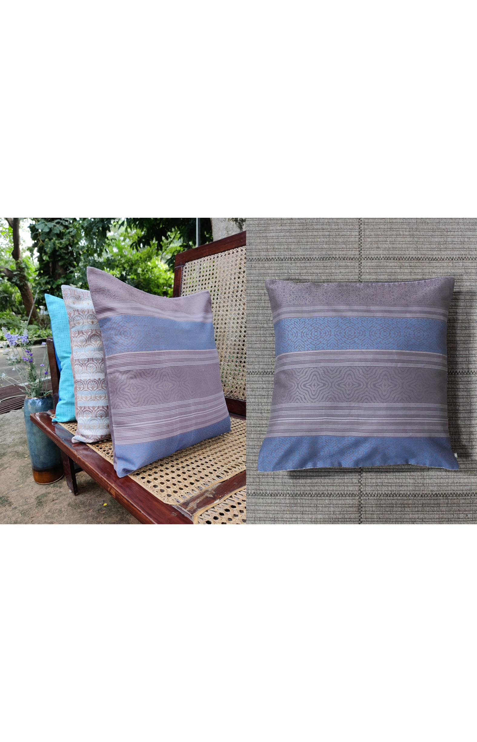 Handloom Organic Cotton Cushion Cover Brown and Blue 